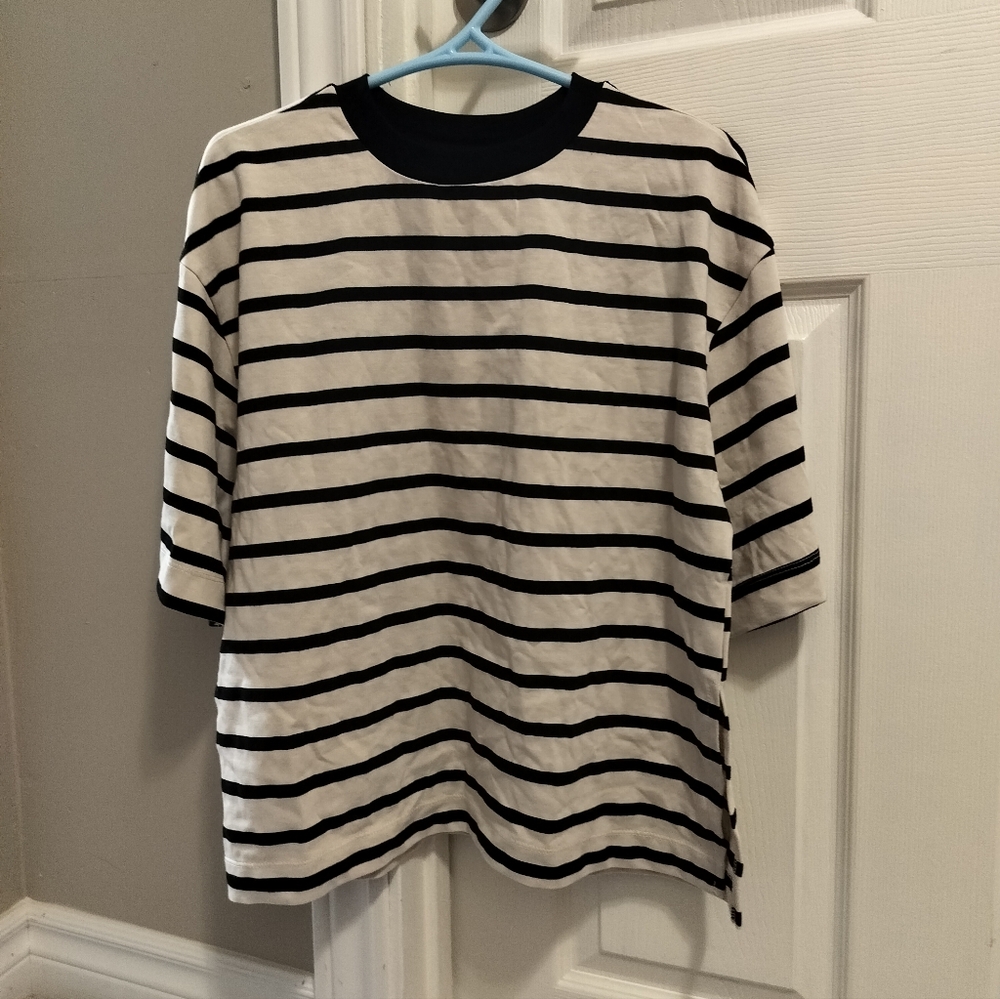 Zara Black and White Striped Short Sleeve Tee